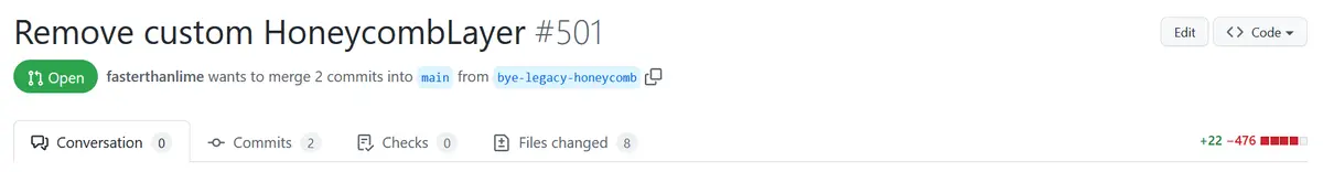 GitHub PR screenshot: title Remove custom HoneycombLayer. +22, -476.
