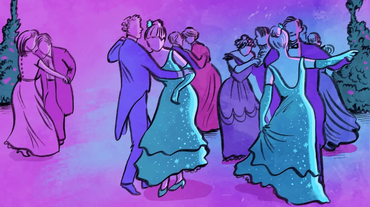 Illustration by Annie Ruygt of a number of couples dancing, including a two clones dancing with separate partners.
