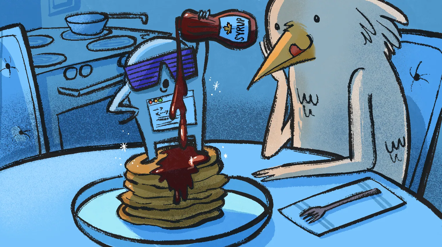 A cool server in shutter shades pouring syrup on a stack of pancakes while a bird waits with a fork