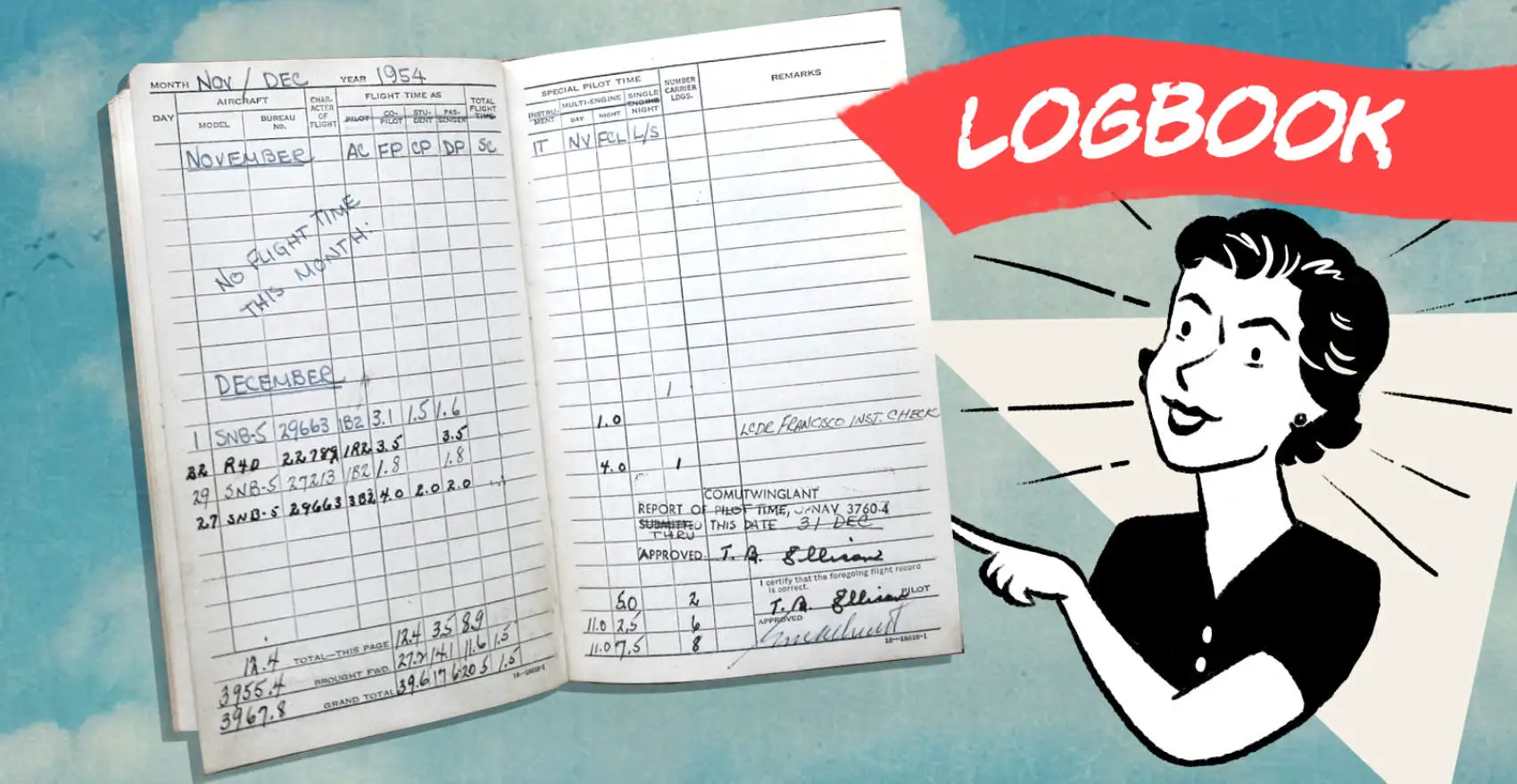 A 1950s style cartoon lady pointing at a vintage flight logbook