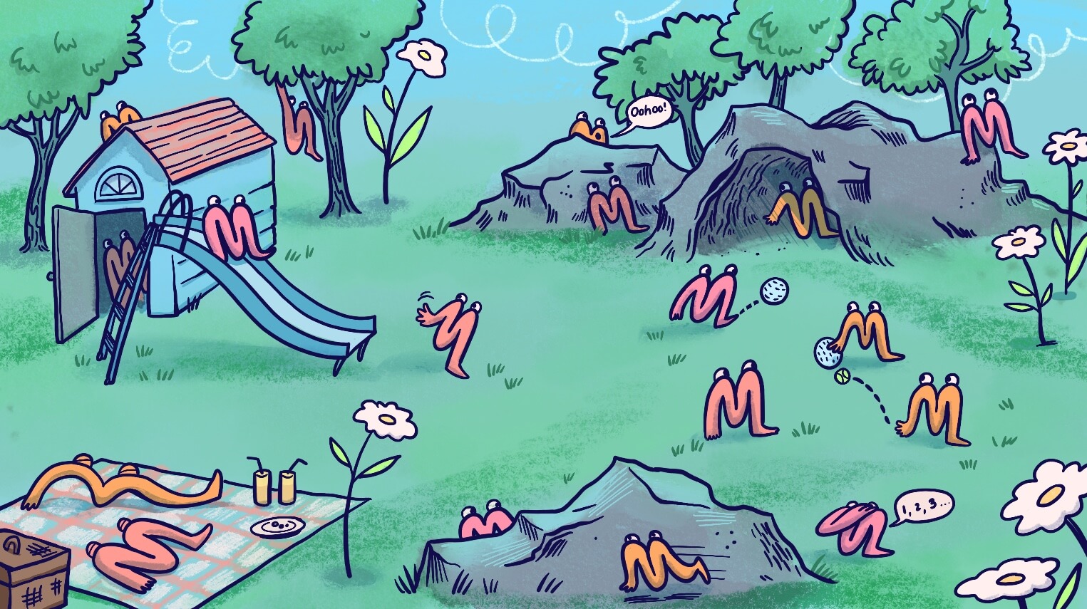 A grassy park with trees and flowers and little playful M's with eyes playing and hiding and relaxing