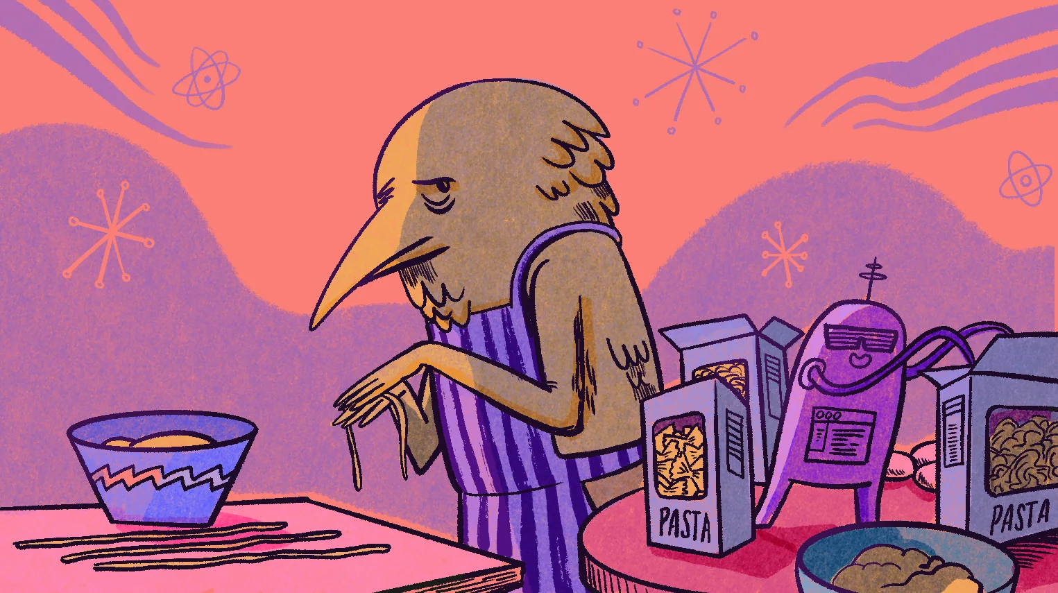 A weary bird cook beside a cool pasta robot