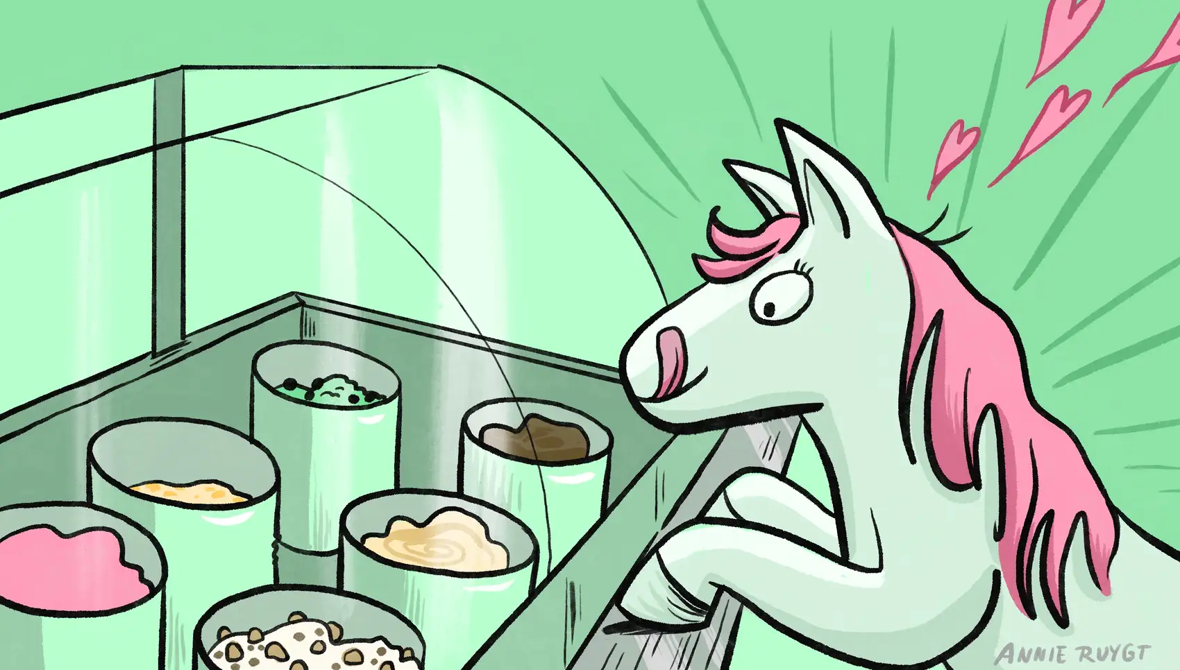 A pony with its tongue sticking out chooses as ice cream flavor from a glass display counter containing 6 buckets of ice cream.