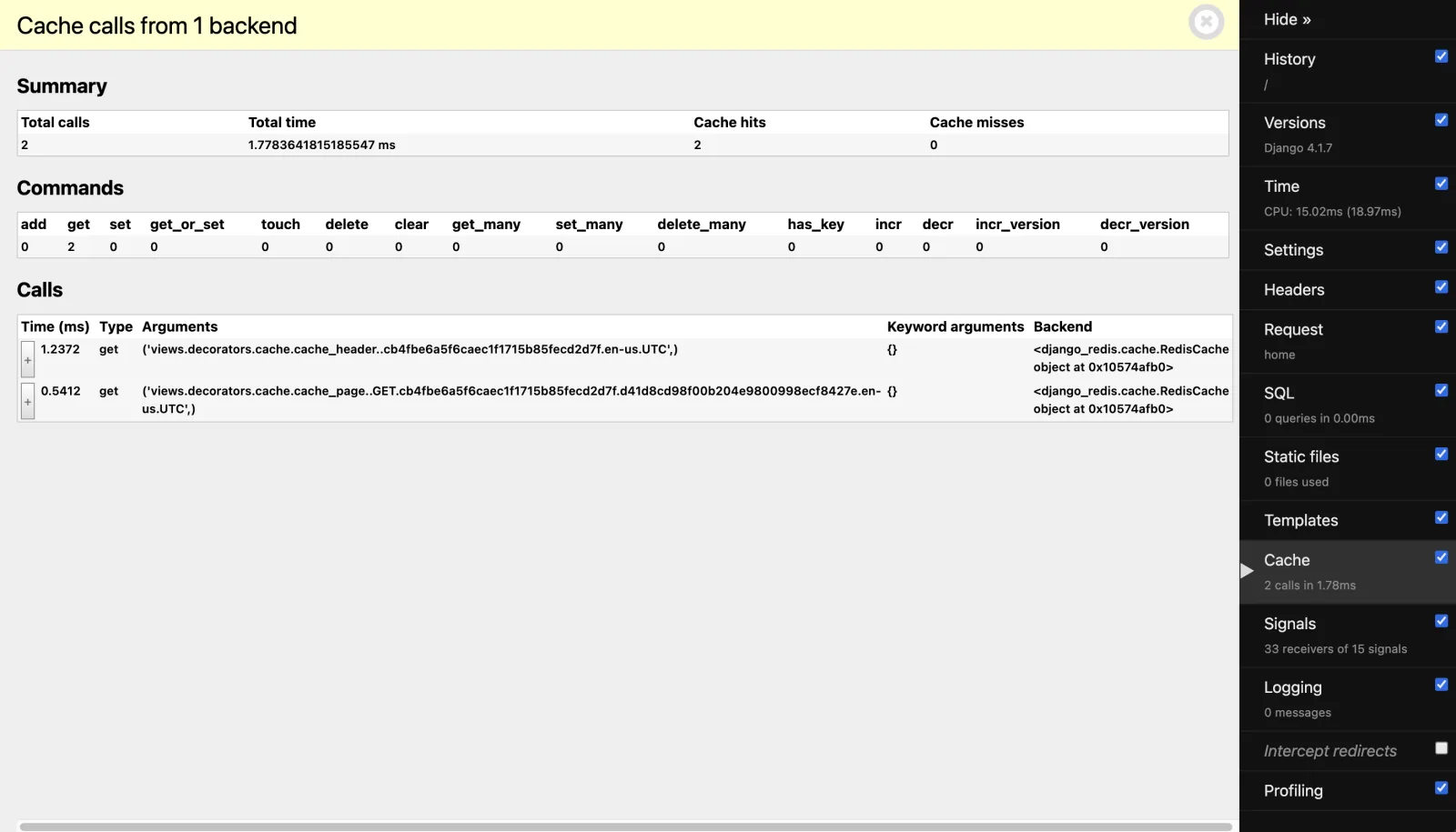 Cache Panel: 2 calls in 1.78.00ms