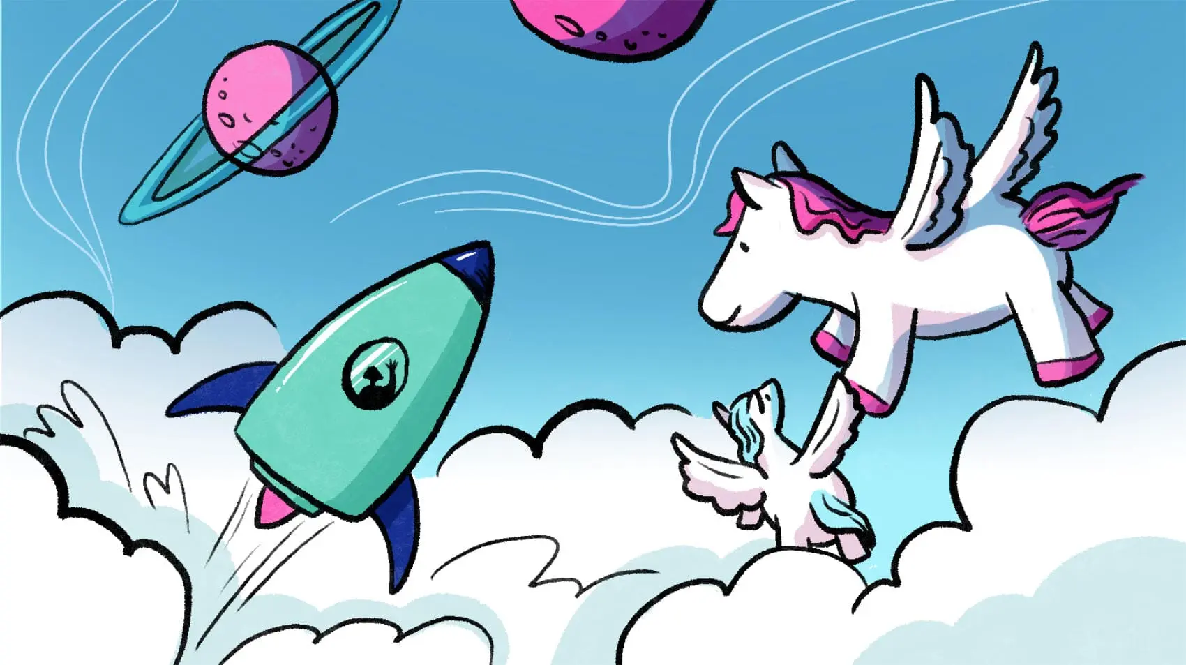 A blue sky with planets in the background. A green rocket flying over the clouds by a pink hair white pony shaped planet next to a blue hair white baby pony.