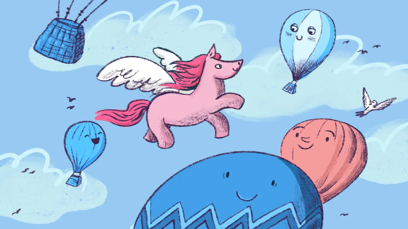 A blue sky with multiple blue and orange Fly air balloons, clouds, birds flying all around and a pink Django pony in the middle.