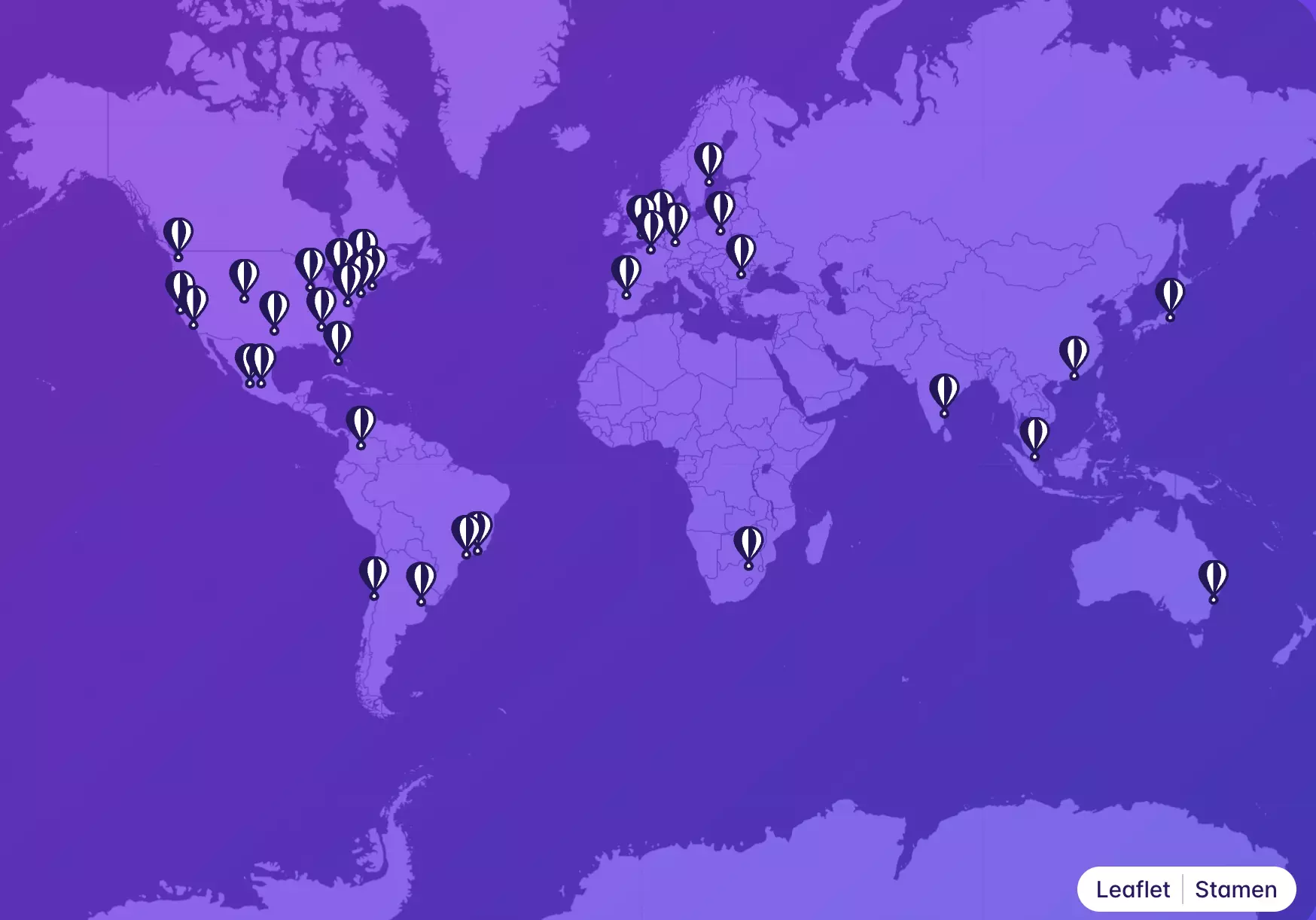 Map showing the Fly.io balloon in 34 locations across a world map