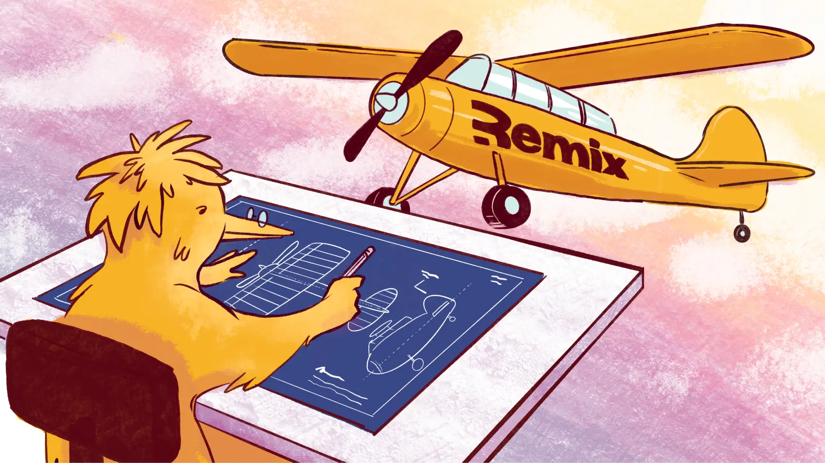 An illustration of a bird drawing a blueprint of an airplane on a drafting table. In the background is a sunset with the actual airplane in the sky, with the label 'Remix' painted on the side