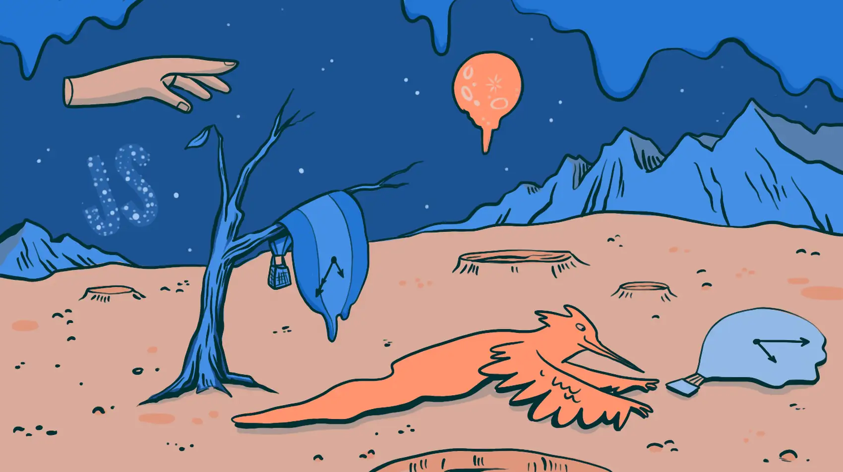 A landscape vaguely inspired by Salvador Dali's The Persistence of Memory  including a melted balloon clock, craters, a disembodied hand, mountains, and a JS logo in the sky