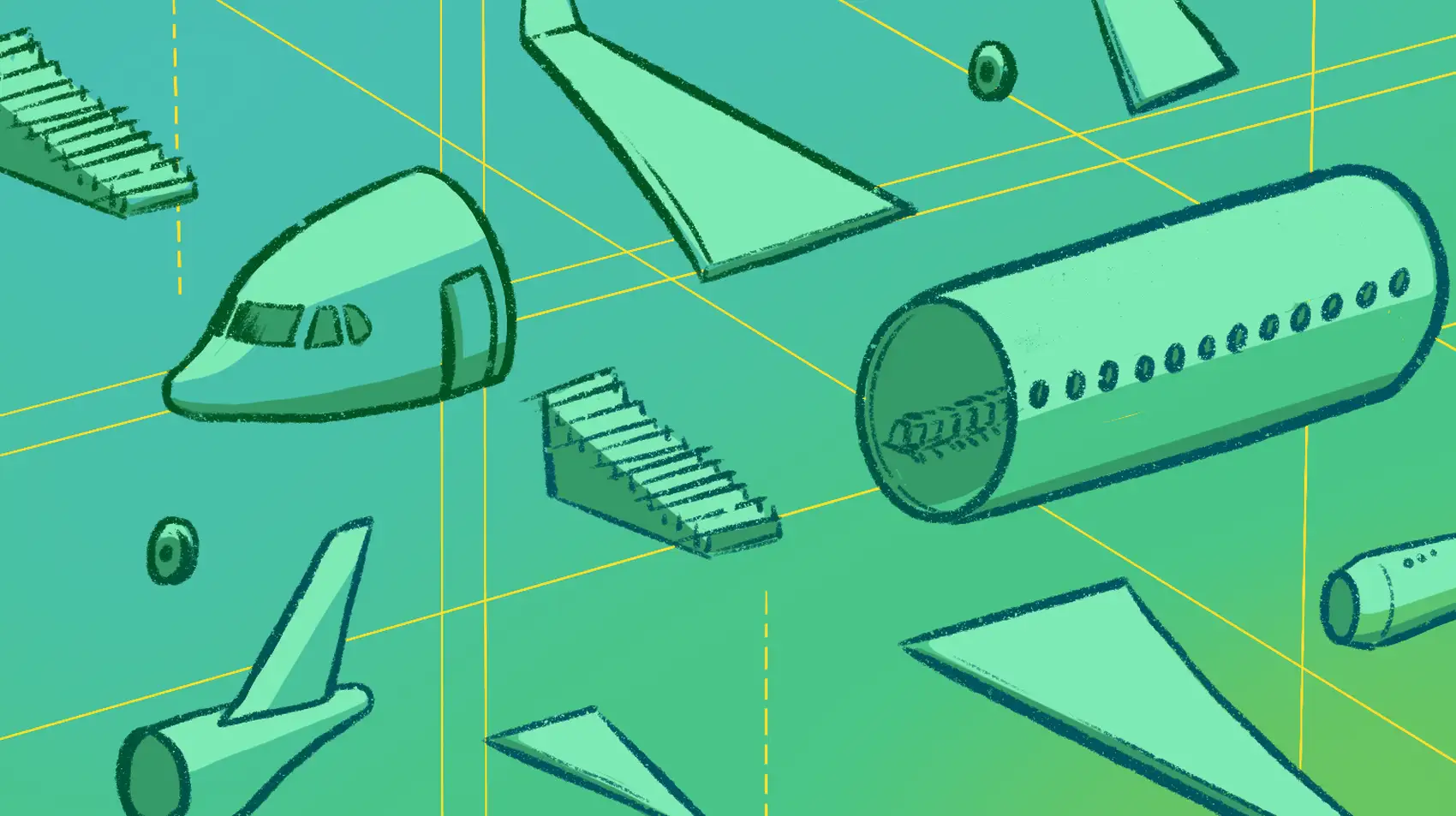 Different parts of a plane including wings, cabin, fuselage and more ready to be assembled.