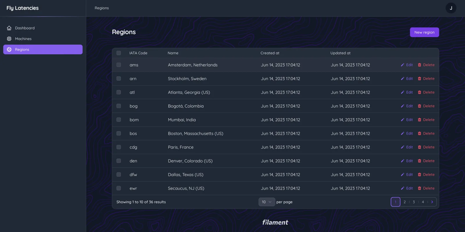 The same Regions table restyled with a dark theme and purple accents