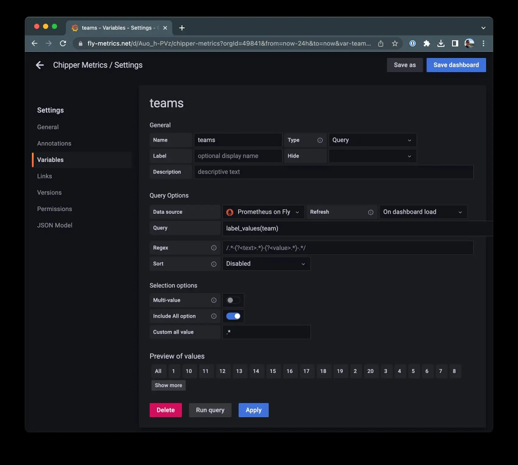 creating a dashboard variable in grafana