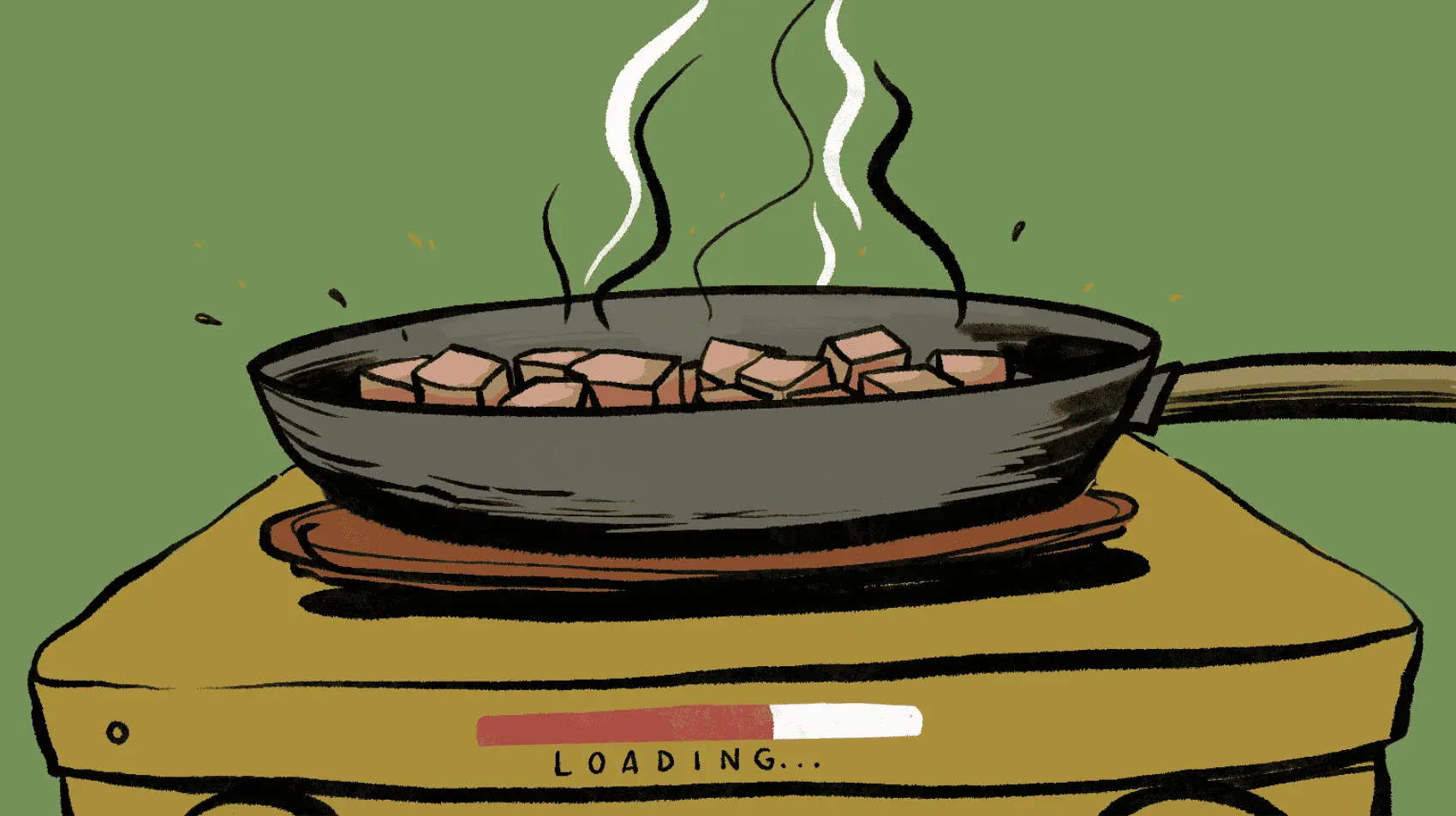 We are shown an image with a background of pastel, green color. Encompassing most of the image's center is a seemingly electric stove, on top of which chunks of brown cube ingredients are cooked in a grey frying pan. On the body of the stove, right below the cooking frying pan, is a label and a progress bar indicating the term LOADING.