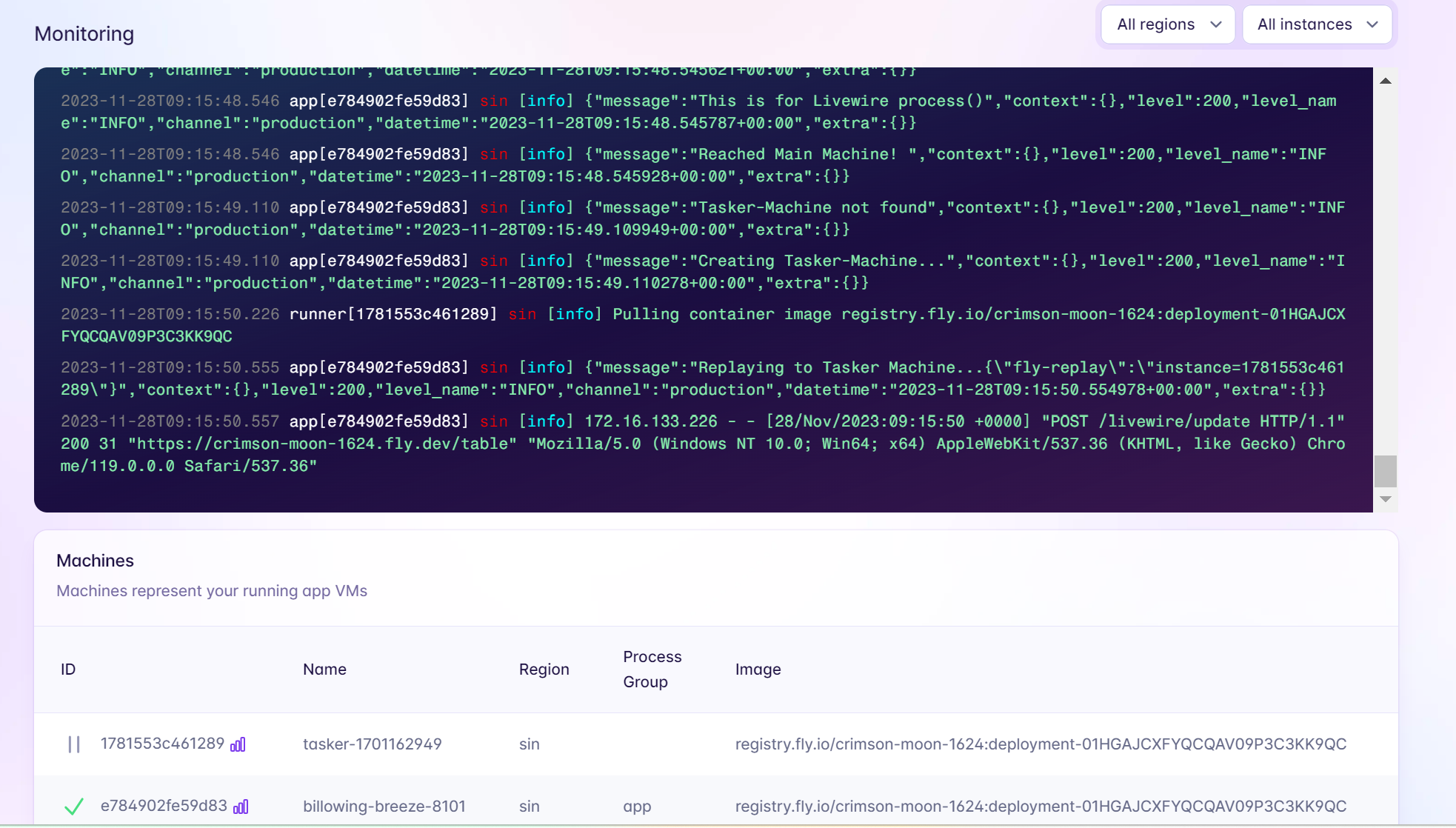 Logs are shown in the screenshot with the following flow: 
It detects that the request is for the process() method, while the request was received in the main Fly Machine.
So the middleware creates a new Machine to handle the request, and sends a fly-replay response to replay request to the newly created Machine.