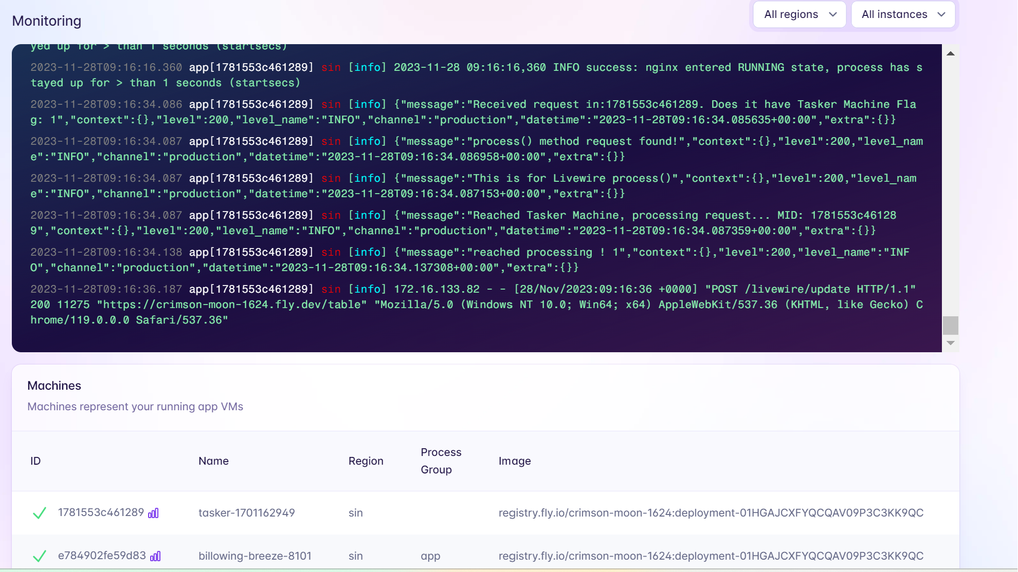 Logs are shown in the screenshot with the following flow:
The current request is detected for the process method, and the request was received by the Tasker-Machine.
The Machine proceeds with processing the request!
