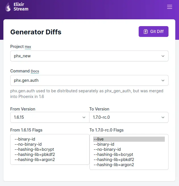 ElixirStream.dev Generator Diff tool