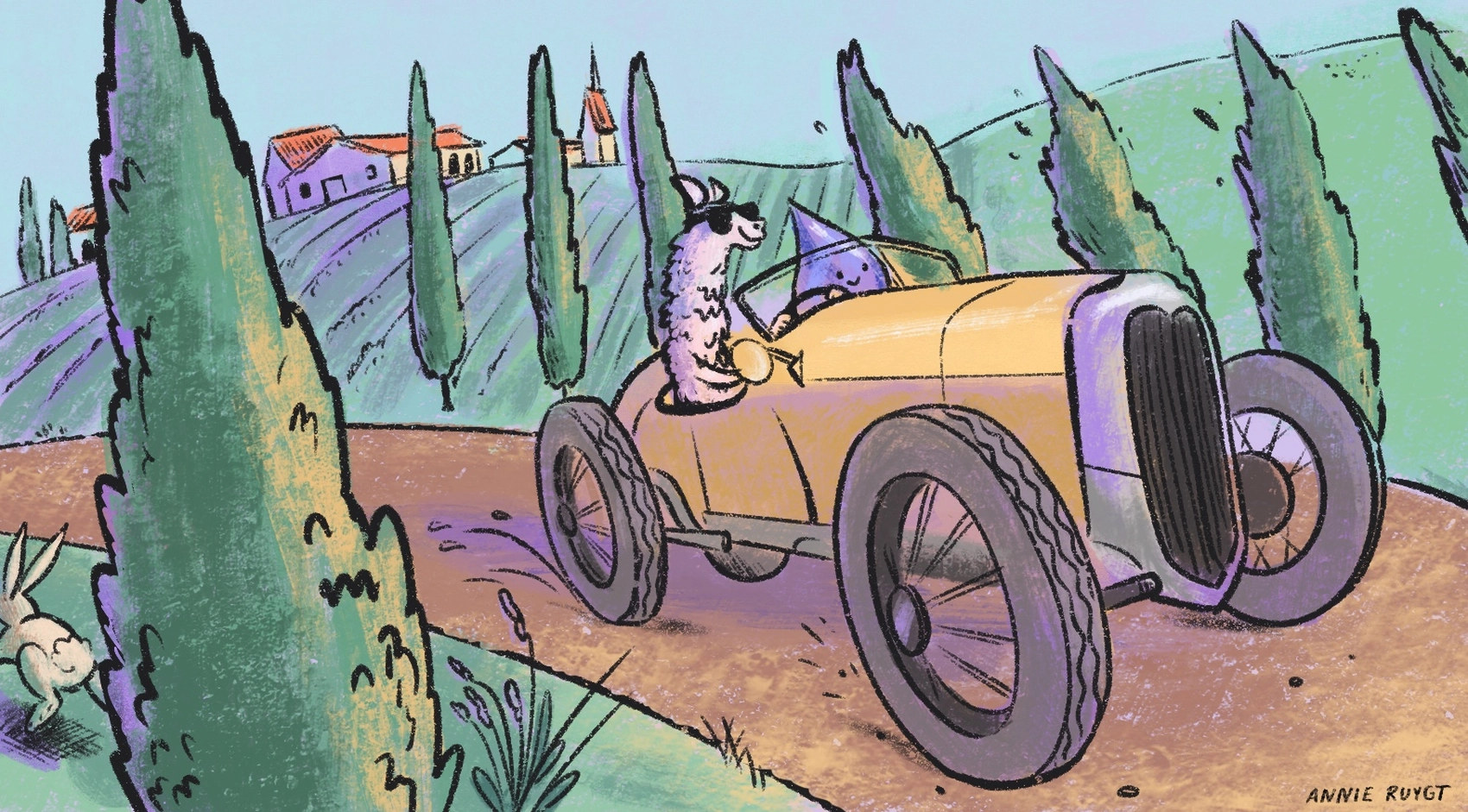 Image of a LLama riding with Elixir Drop through the Italian countryside.