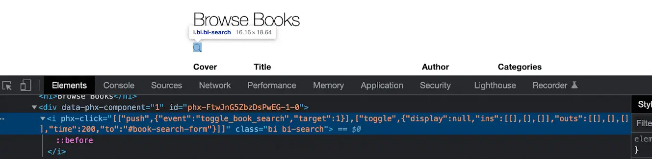A selected element and browser devtools with the phx-click binding described in the text.