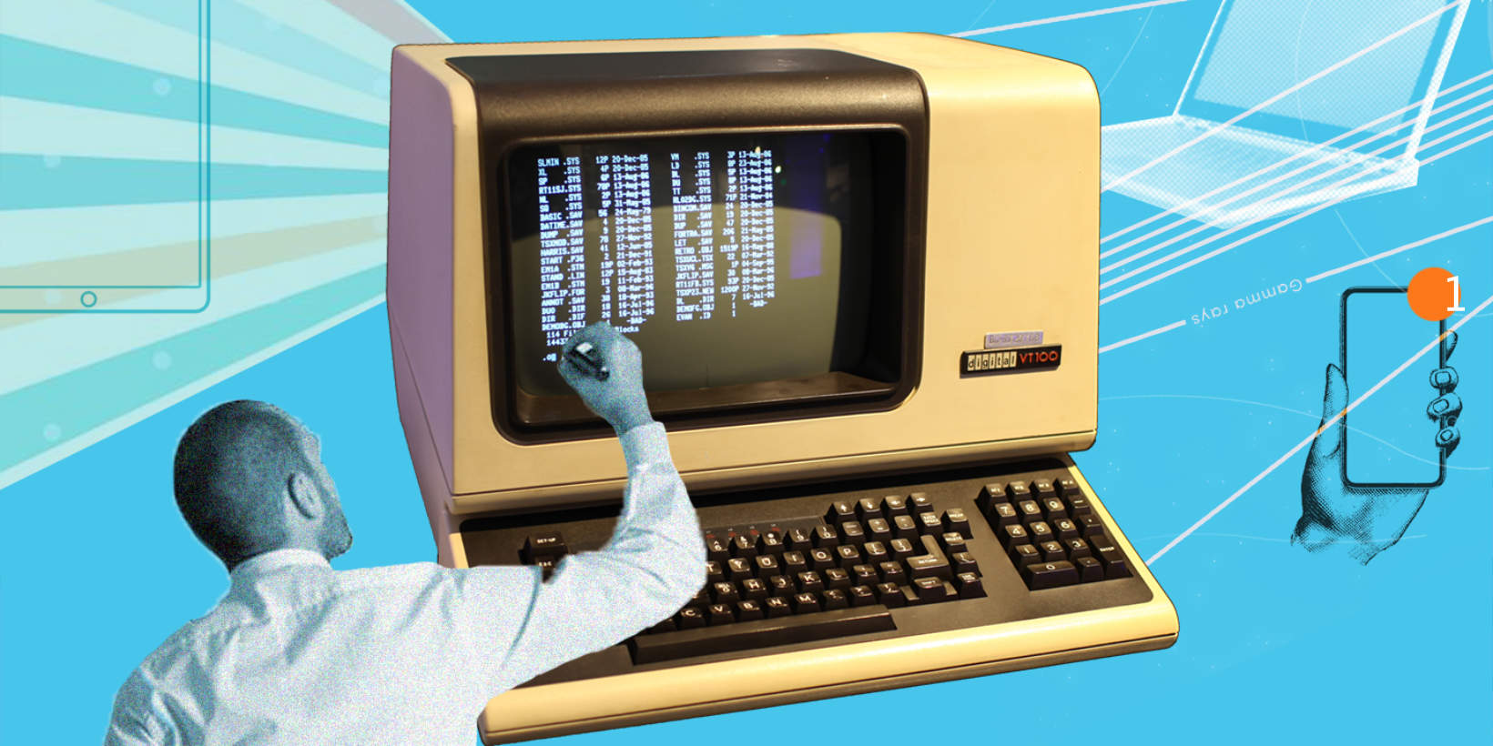 A man writing code on a vintage desktop computer