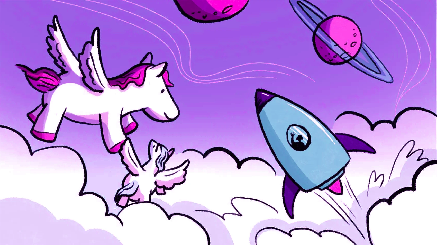 Unicorns flying through space with a rocket blasting through the scene