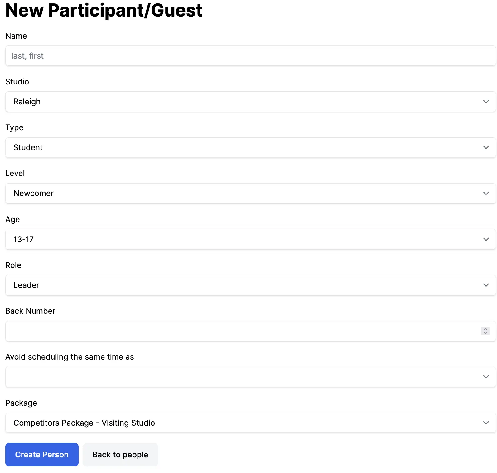 New Participant form as above, but with Type set to Student and additional fields for Level, Age, Role, Back Number, and Avoid scheduling the same time as.