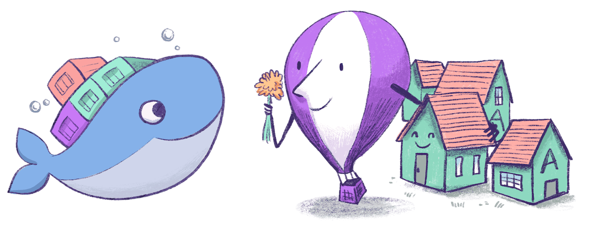 Illustration by Annie Ruygt of a Frankie the hot air balloon giving flowers to the Docker whale