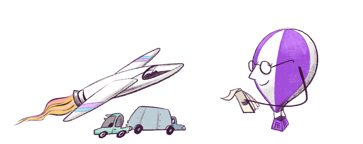 Illustration by Annie Ruygt of a Frankie the hot air balloon writing on a notepad about different modes of transport including a jet a car and a truck