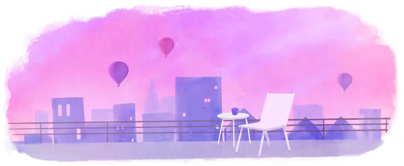 Illustration by Annie Ruygt of a chair and a small table holding a hot drink, on a rooftop, with a city skyline and hot-air balloons in the background