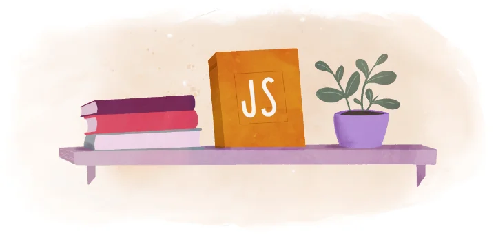Picture of a JavaScript book on a bookshelf with other books