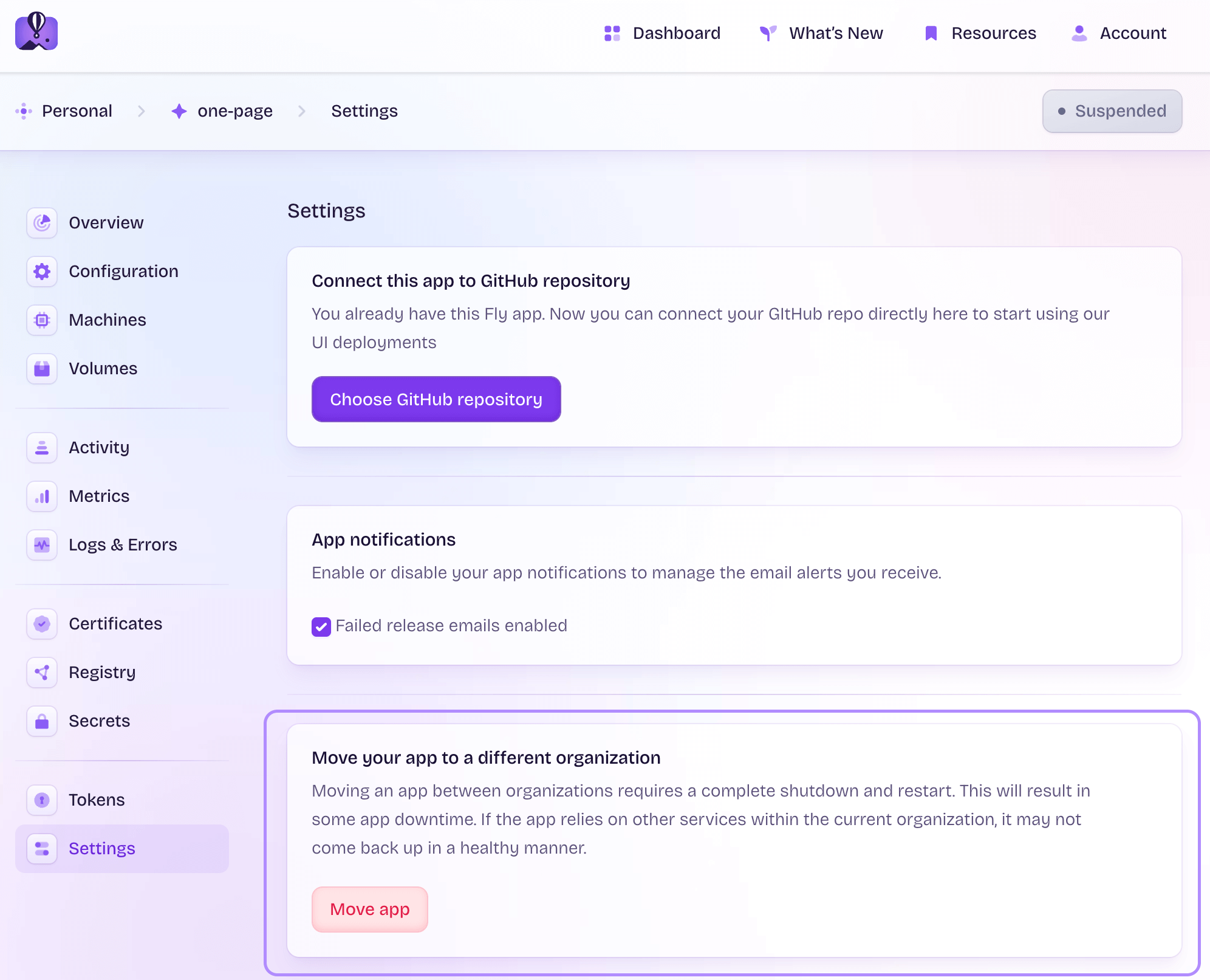 App settings page with Move app option