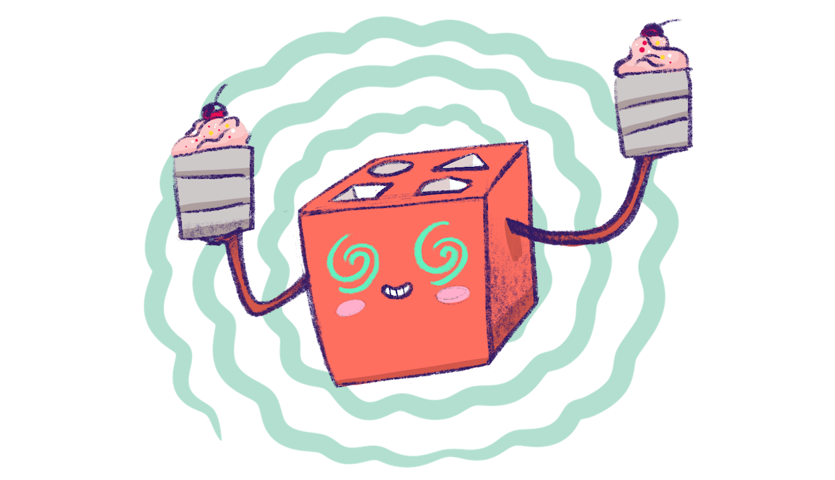Illustration by Annie Ruygt of a puzzle box figure holding two slices of cake