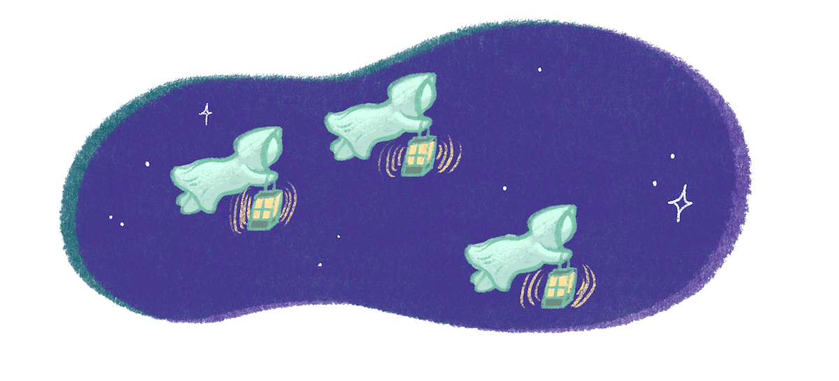 Illustration by Annie Ruygt of flying ghosts carrying lanterns